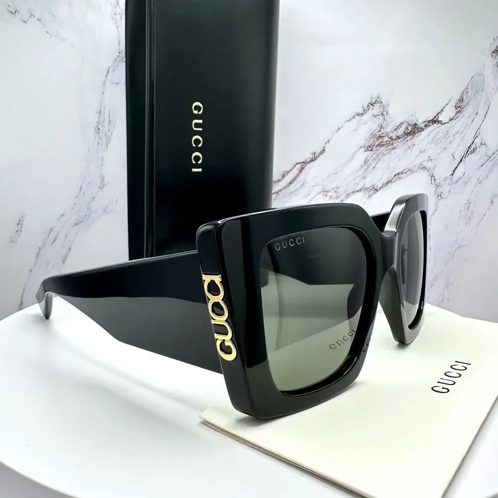 New GUCCI Sunglasses Black Gold Logo Square Oversized 51mm Grey Lens Womens